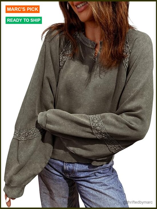 Tops - Cropped Lace Sweatshirt Long Sleeve Notch Neck Pullover Casual Fall Top